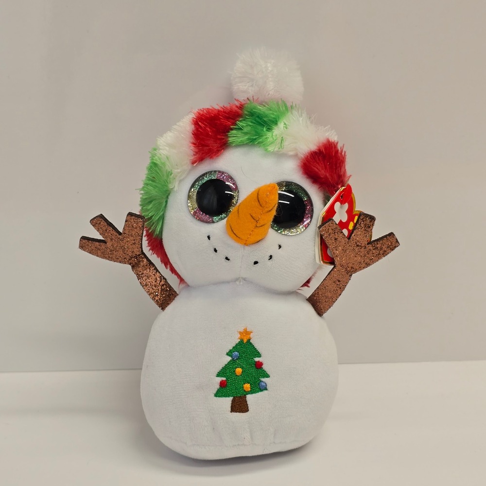 Ty Mistyโ Snowman Plush Small White Red Green Christmas Beanie Boos Holiday Toy